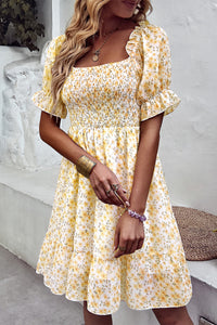 Thumbnail for Floral Smocked Square Neck Flounce Sleeve Dress