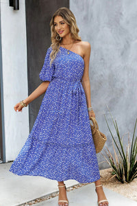 Thumbnail for Printed One-Shoulder Tie Belt Maxi Dress