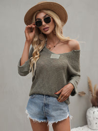 Thumbnail for Notched Side Slit Drop Shoulder Sweater