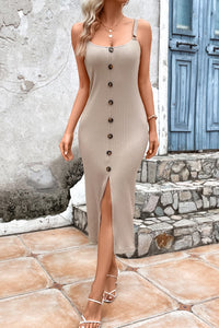 Thumbnail for Decorative Button Front Slit Midi Dress