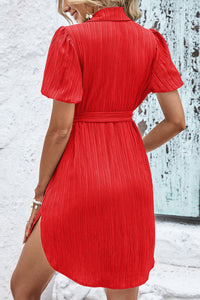 Thumbnail for Textured Tie Belt Short Sleeve Dress