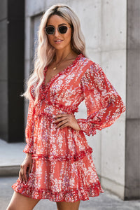 Thumbnail for Floral Frill Trim Plunge Flounce Sleeve Dress