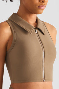 Thumbnail for Zip Up Collared Cropped Sports Top