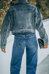 Thumbnail for Acid Wash Lapel Collar Cropped Denim Jacket