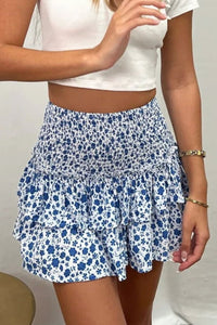 Thumbnail for Printed Frill Trim Smocked Mini Skirt