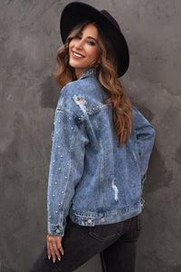 Thumbnail for Studded Button Down Denim Jacket