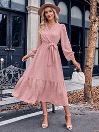 Thumbnail for Swiss Dot Belted Surplice Puff Sleeve Midi Dress