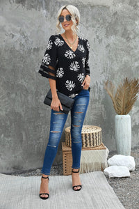 Thumbnail for Botanical Print V-Neck Puff Sleeve Blouse - MiaMore | Luxary Classic Charm
