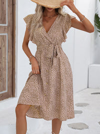 Thumbnail for Printed Tie Waist Surplice Neck Dress