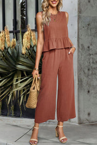 Thumbnail for Decorative Button Ruffle Hem Tank and Pants Set