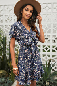 Thumbnail for Floral Tied V-Neck Flutter Sleeve Mini Dress