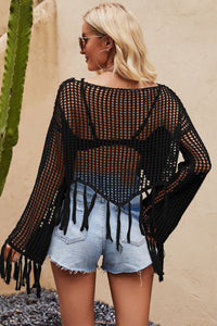 Thumbnail for Tassel Hem Openwork Long Sleeve Cover Up