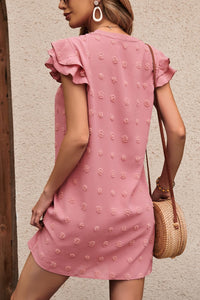 Thumbnail for Swiss Dot Notched Neck Flutter Sleeve Dress