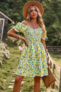Thumbnail for Smocked Sweetheart Neck Flounce Sleeve Mini Dress