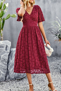 Thumbnail for V-Neck Puff Sleeve Lace Midi Dress