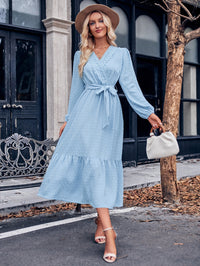 Thumbnail for Swiss Dot Belted Surplice Puff Sleeve Midi Dress