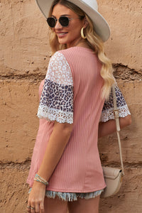Thumbnail for Leopard Lace Trim Ribbed Round Neck Top - MiaMoré
