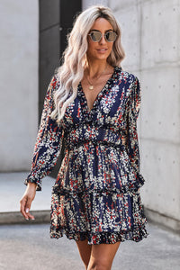 Thumbnail for Floral Frill Trim Plunge Flounce Sleeve Dress