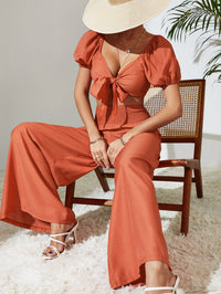Thumbnail for Tie Front Cropped Top and Smocked Wide Leg Pants Set