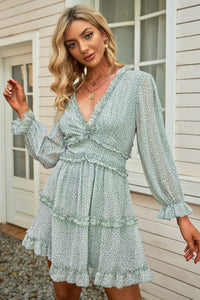 Thumbnail for Floral Frill Trim Plunge Flounce Sleeve Dress