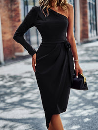 Thumbnail for One-Shoulder Pleated Detail Belted Dress - MiaMore | Luxary Classic Charm