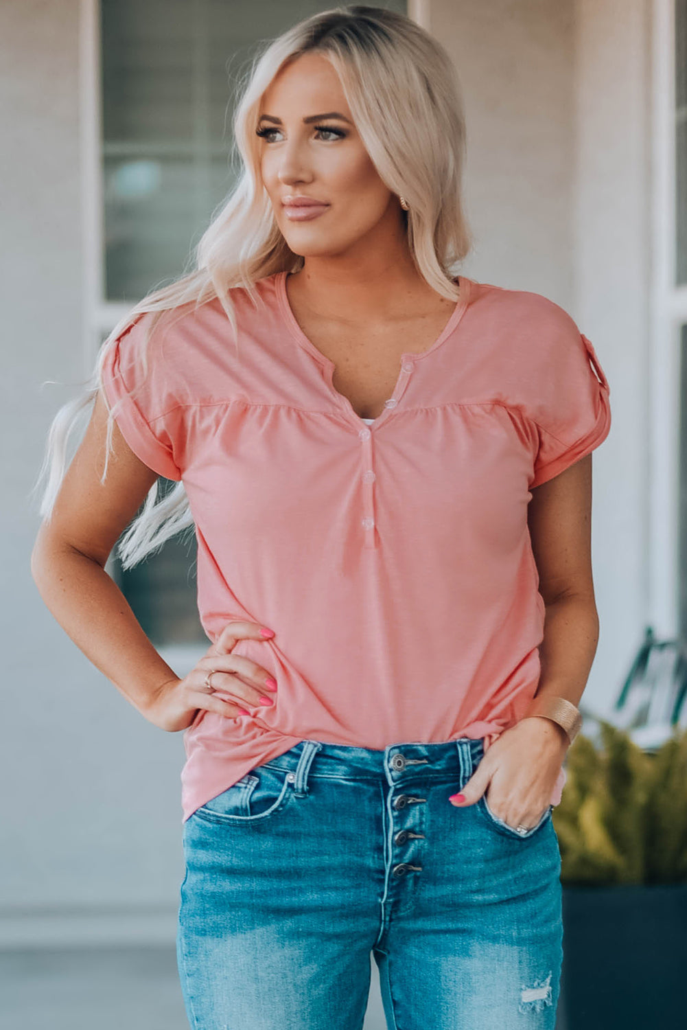 Women Buttoned Roll-Tab Sleeve Tee Shirt - MiaMore | Luxary Classic Charm