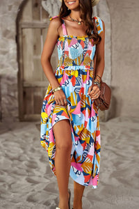 Thumbnail for Printed Smocked Tie Shoulder Dress