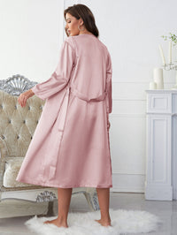 Thumbnail for Satin V-Neck Cami, Shorts, and Belted Robe Pajama Set