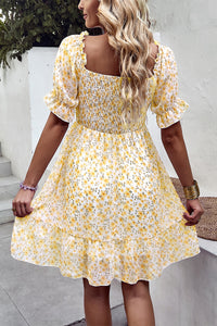 Thumbnail for Floral Smocked Square Neck Flounce Sleeve Dress