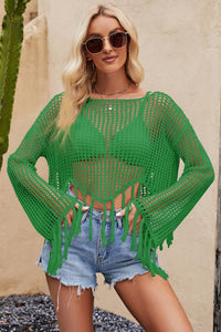 Thumbnail for Tassel Hem Openwork Long Sleeve Cover Up