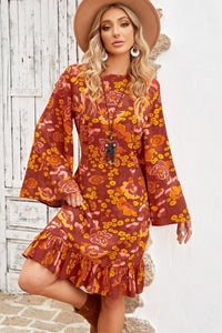 Thumbnail for Floral Round Neck Flare Sleeve Dress