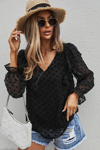 Thumbnail for Swiss Dot Ruffle Shoulder Long Sleeve Blouse - MiaMore | Luxary Classic Charm
