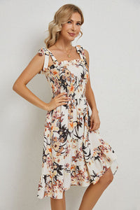 Thumbnail for Floral Tie Shoulder Smocked Ruffle Hem Dress