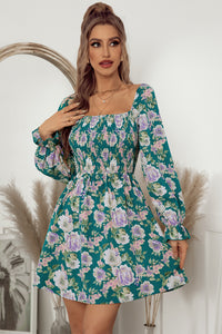 Thumbnail for Floral Flounce Sleeve Smocked Square Neck Dress
