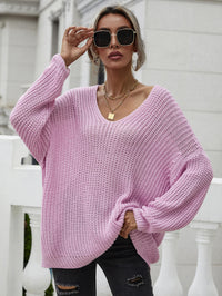 Thumbnail for Rib-Knit Drop Shoulder V-Neck Pullover Sweater