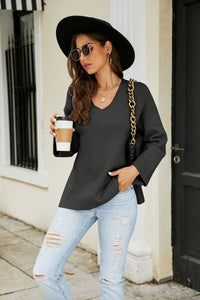 Thumbnail for Drop Shoulder V-Neck Knit Pullover