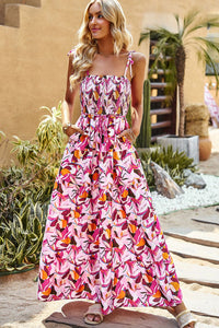 Thumbnail for Printed Tie-Shoulder Smocked Maxi Dress